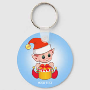 Cute Christmas Elf with Your Text on Light Blue Key Ring