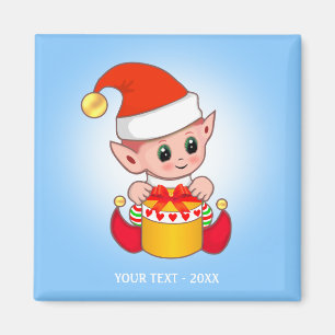 Cute Christmas Elf & Your Text on Light Blue Magnet