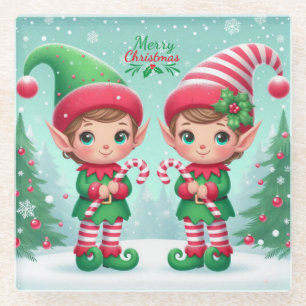 Cute Christmas elves Glass Coaster