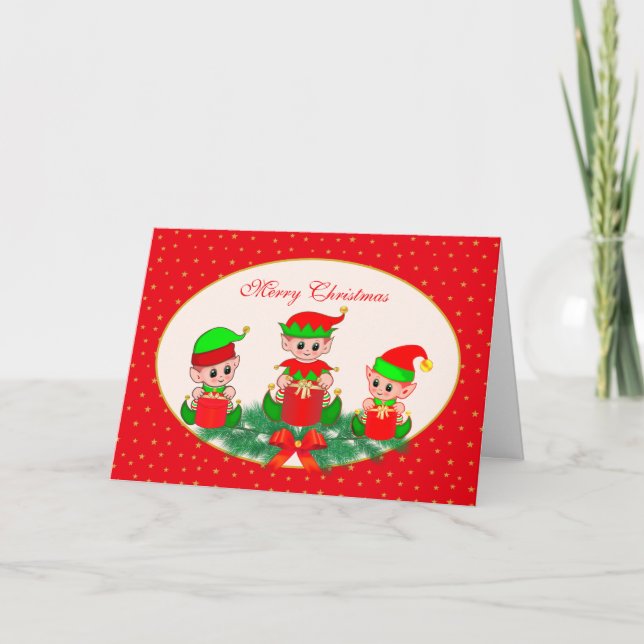 Cute Christmas Elves & Golden Stars on Red Card (Front)