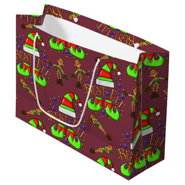 Cute Christmas Elves Large Gift Bag (Front Angled)