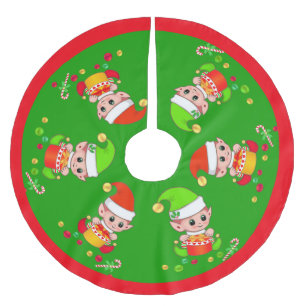 Cute Christmas Elves on Green Brushed Polyester Tree Skirt