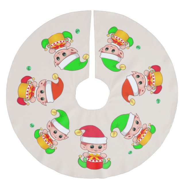Cute Christmas Elves on Light Beige Brushed Polyester Tree Skirt (Front)