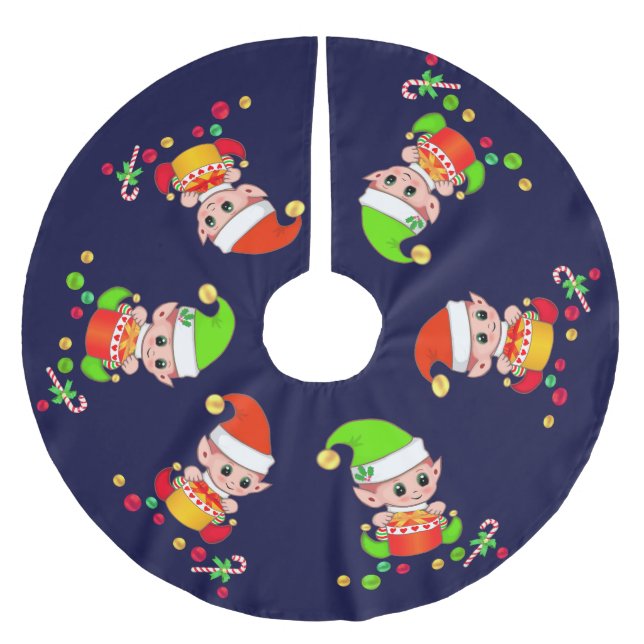 Cute Christmas Elves on Navy Blue Brushed Polyester Tree Skirt (Front)