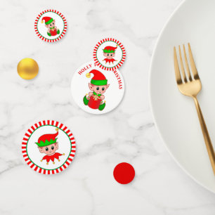 Cute Christmas elves on red white Confetti