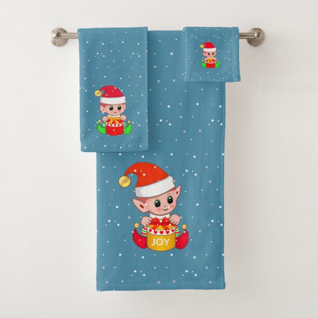 Cute Christmas Elves on Sapphire Blue Bath Towel Set (Insitu)