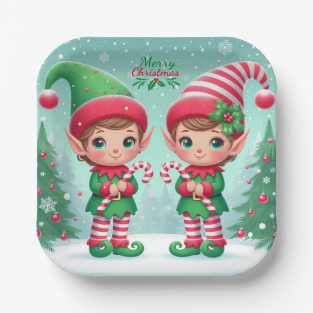 Cute Christmas elves  Paper Plate (Front)