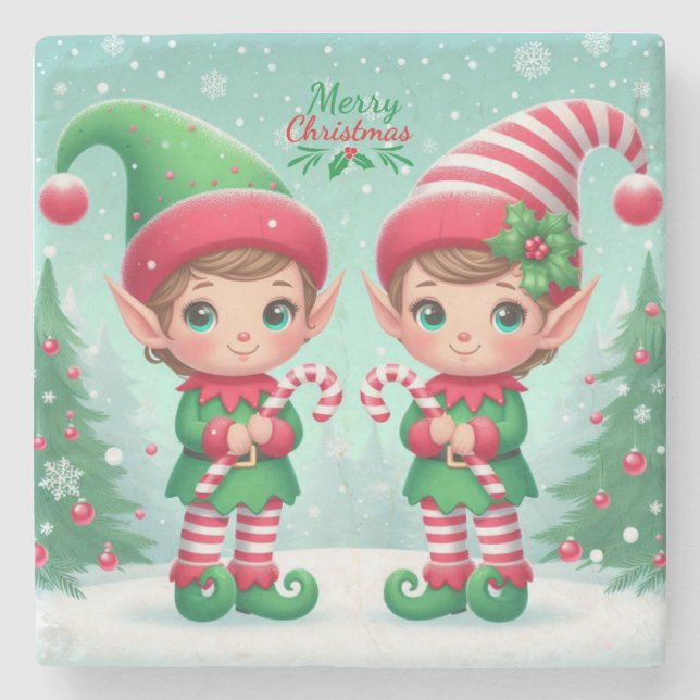 Cute Christmas elves  Stone Coaster (Front)