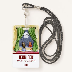 Cute Christmas Eve Child & Kitty Cat Watercolor ID Badge