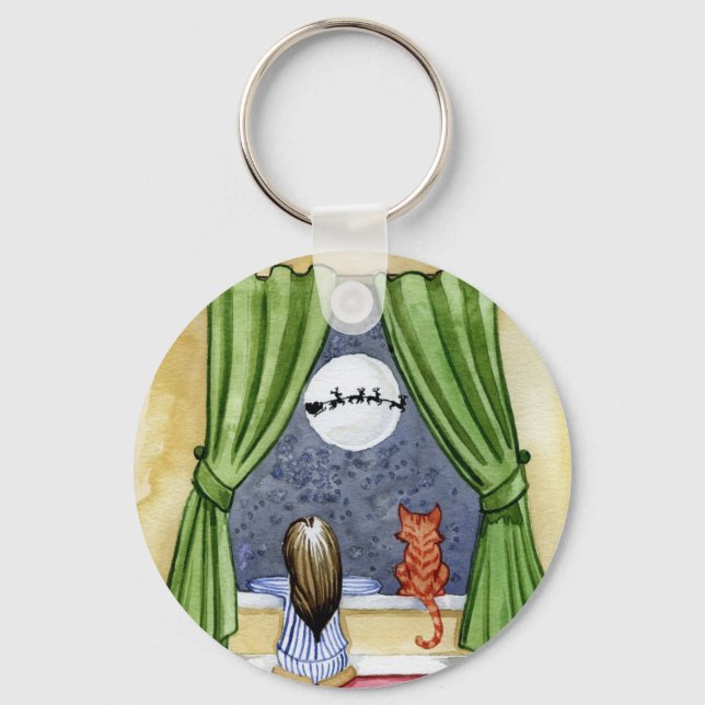 Cute Christmas Eve Child & Kitty Cat Watercolor Key Ring (Front)