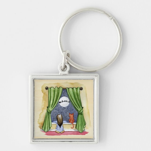 Cute Christmas Eve Child & Kitty Cat Watercolor Key Ring (Front)