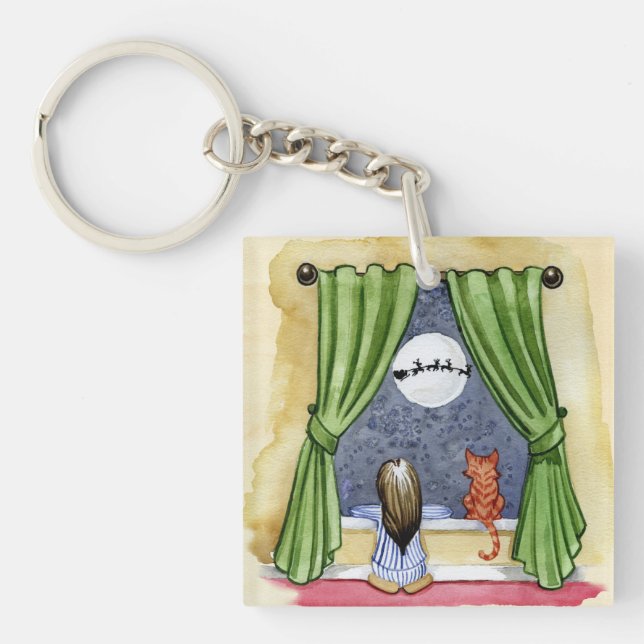 Cute Christmas Eve Child & Kitty Cat Watercolor Key Ring (Front)