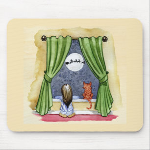 Cute Christmas Eve Child & Kitty Cat Watercolor Mouse Mat