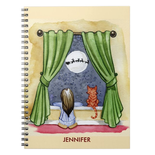 Cute Christmas Eve Child & Kitty Cat Watercolor Notebook (Front)