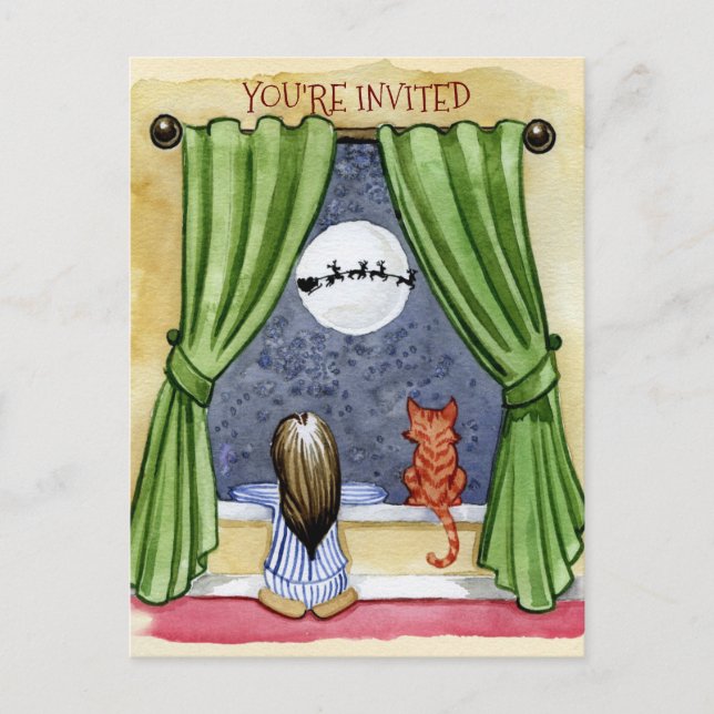 Cute Christmas Eve Child & Kitty Cat Watercolor Postcard (Front)