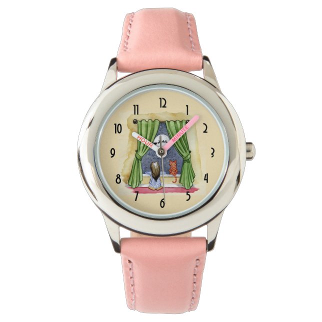 Cute Christmas Eve Child & Kitty Cat Watercolor Watch (Front)