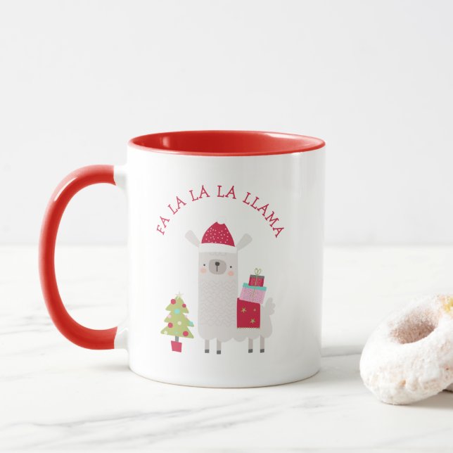 Cute Christmas Fa La La La Llama Red Mug (With Donut)
