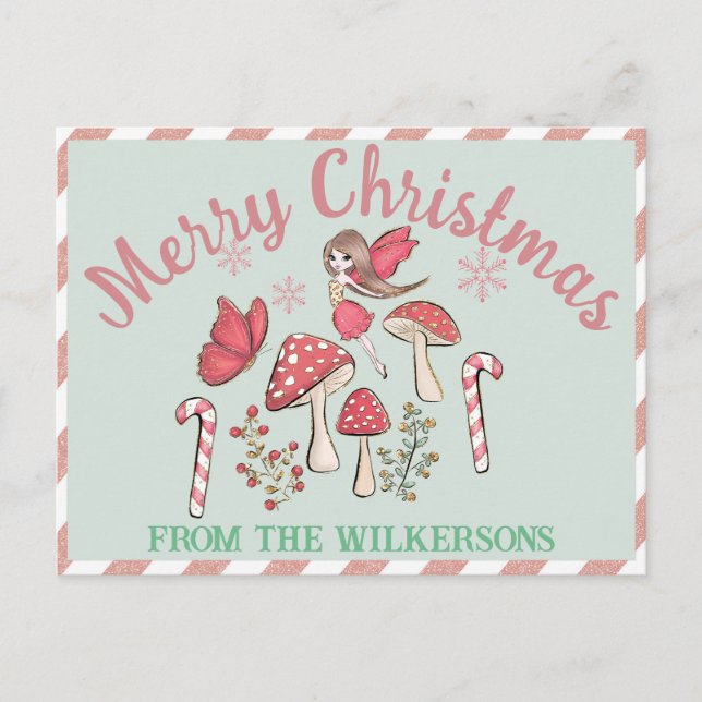 Cute Christmas Fairy and Mushrooms Postcard (Front)