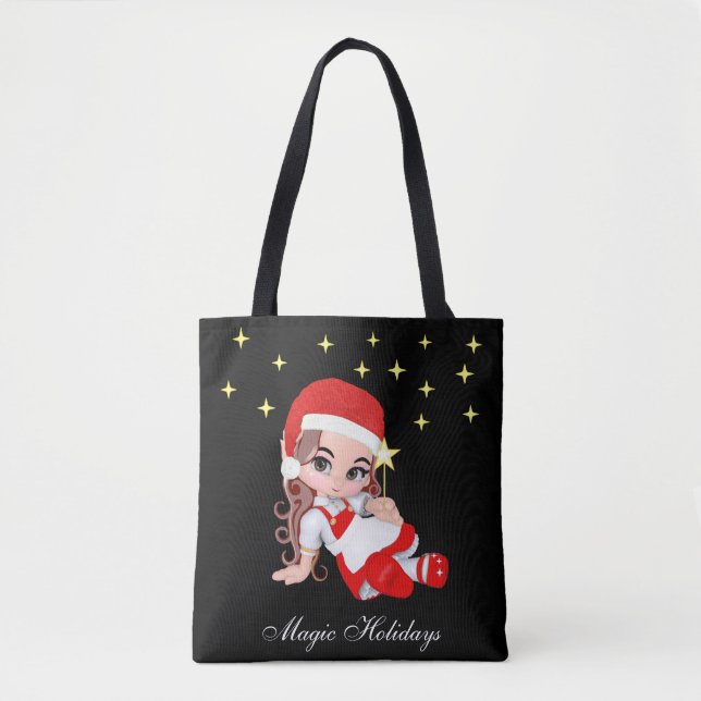 Cute Christmas Fairy Angel & Stars Tote Bag (Front)