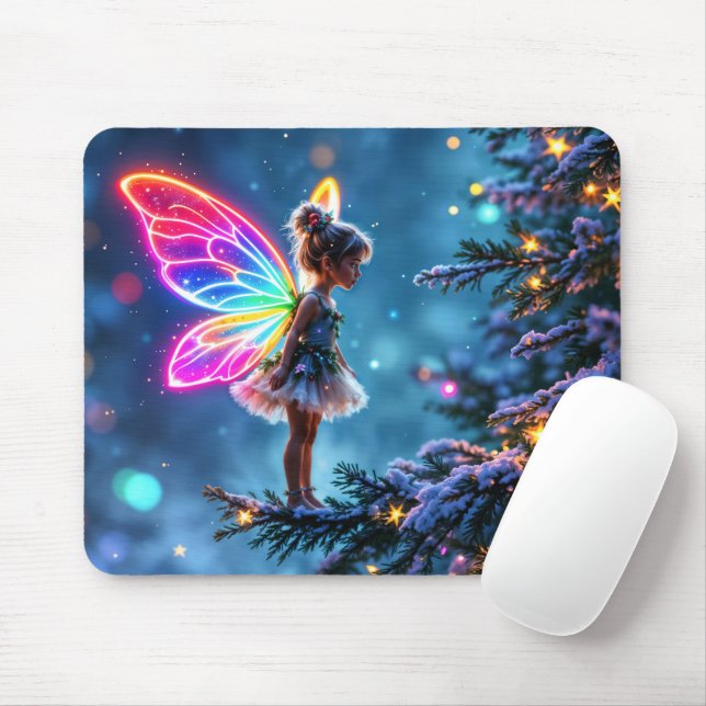 Cute Christmas fairy gradient neon wings  Mouse Mat (With Mouse)