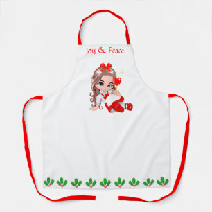Cute Christmas Fairy & Holly Berry Leaf Border Apron