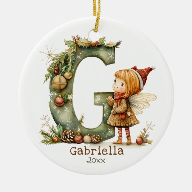 Cute Christmas Fairy Initial 'G' Custom Keepsake Ceramic Tree Decoration (Front)