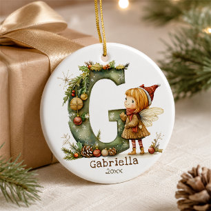 Cute Christmas Fairy Initial 'G' Custom Keepsake Ceramic Tree Decoration