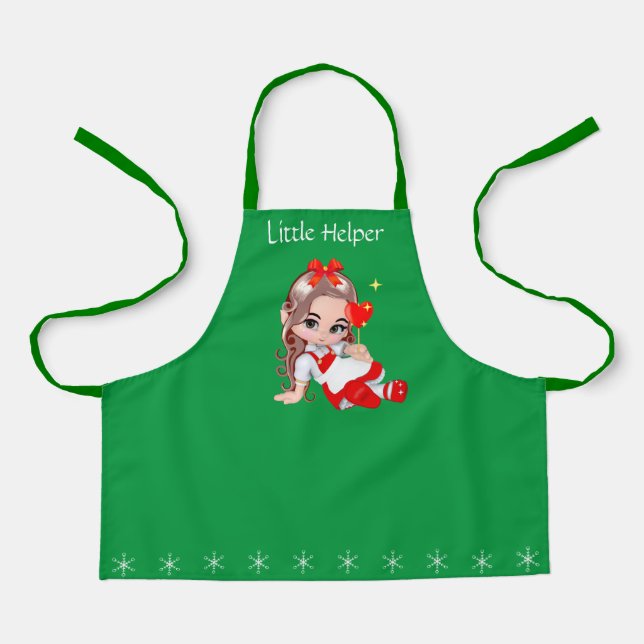 Cute Christmas Fairy & Snowflakes on Green Apron (Front)