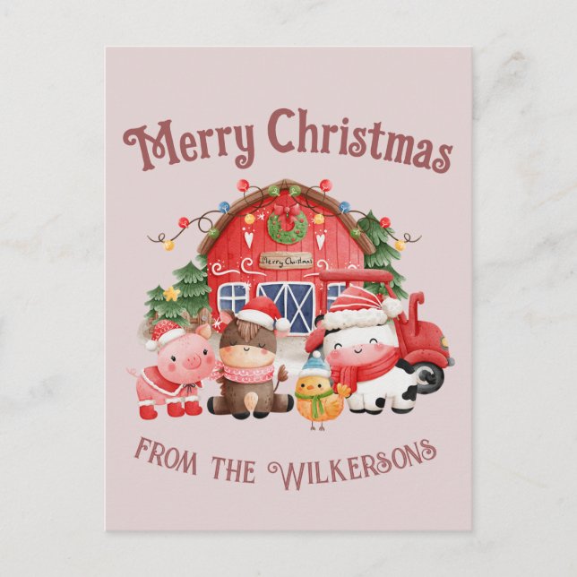 Cute Christmas Farm Animals on Blush Pink Postcard (Front)
