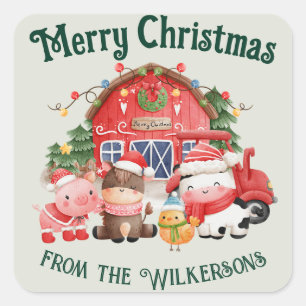 Cute Christmas Farm Animals on Sage Green Square Sticker