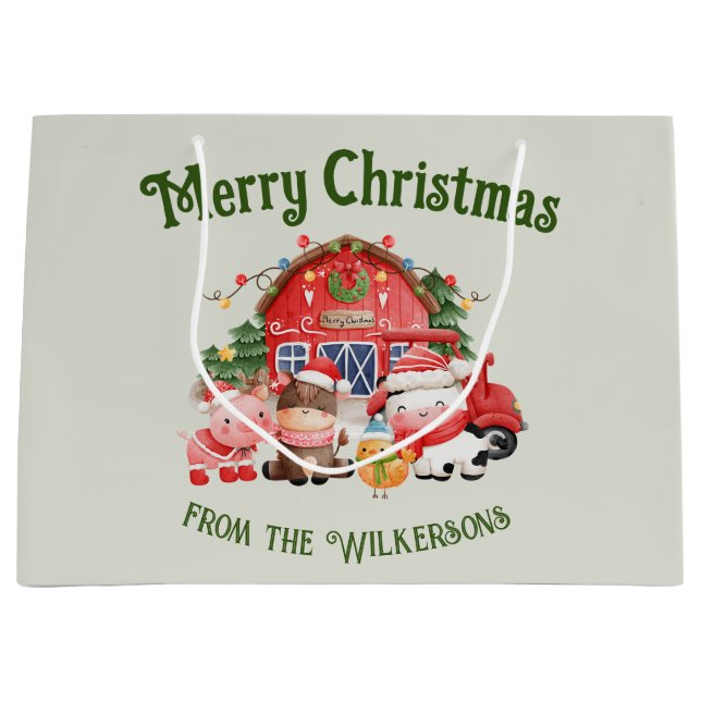 Cute Christmas Farm Animals on Sage Large Gift Bag (Front)