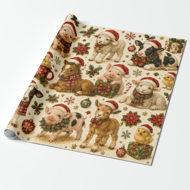 Cute Christmas Farm Animals Pattern Gift Wrapping Paper (Unrolled)