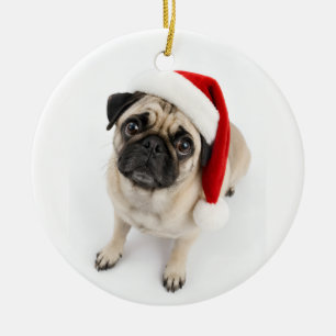 Cute Christmas Fawn Pug Santa Hat Puppy Dog Eyes Ceramic Tree Decoration