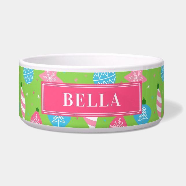 Cute Christmas Festive Green Pink Blue Pet Bowl (Front)