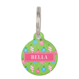 Cute Christmas Festive Green Pink Custom Dog Name Pet Tag