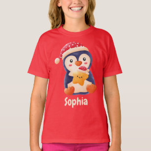Cute Christmas Festive Penguin Custom girl name T-Shirt