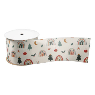 Cute Christmas Festive Rainbows Holidays Pattern Satin Ribbon