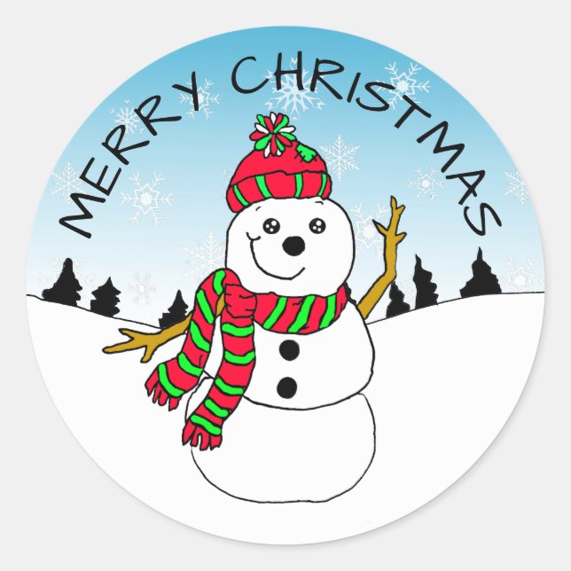 Cute Christmas Festive Snowman and Snowflakes Classic Round Sticker (Front)