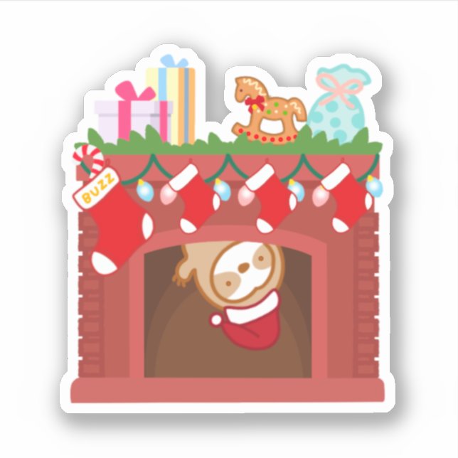 Cute Christmas Fireplace Sloth  Sticker (Front)
