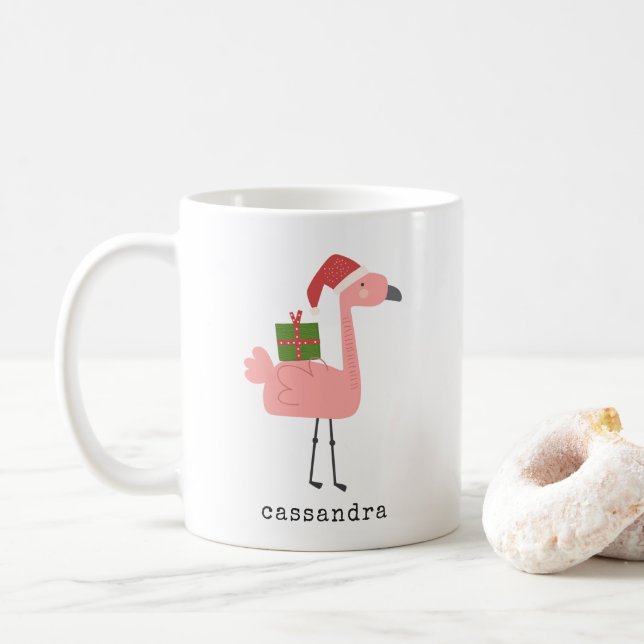 Cute Christmas Flamingo Illustration Custom Name Coffee Mug (With Donut)