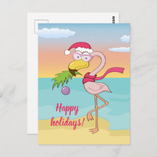 Cute Christmas flamingo on the beach personalised Postcard