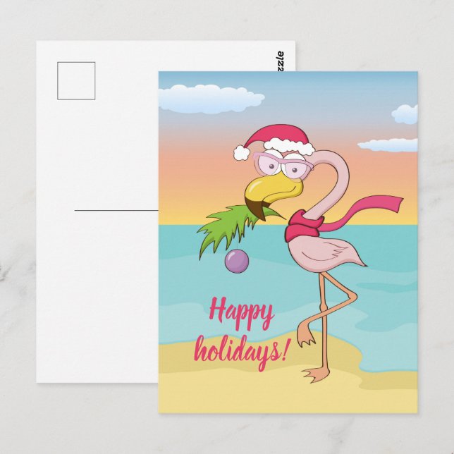 Cute Christmas flamingo on the beach personalised Postcard (Front/Back)