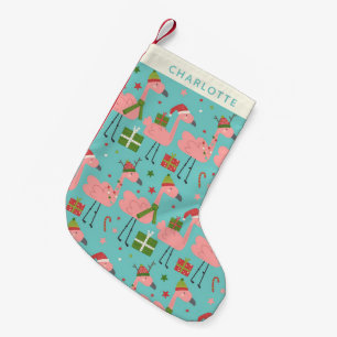 Cute Christmas Flamingos Aqua Blue Personalised Small Christmas Stocking
