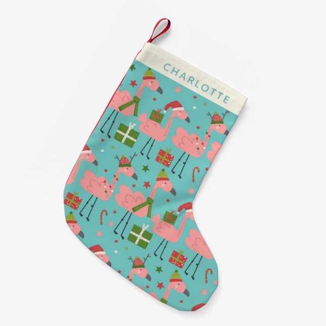 Cute Christmas Flamingos Aqua Blue Personalised Small Christmas Stocking (Front (Hanging))