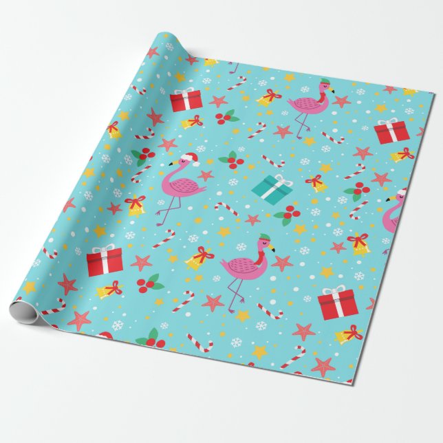 Cute Christmas Flamingos Wrapping Paper (Unrolled)