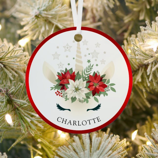 Cute Christmas Floral Unicorn Holiday Personalised Metal Tree Decoration (Insitu)