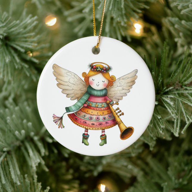 Cute Christmas Folk Art Angel Ceramic Tree Decoration (Tree)