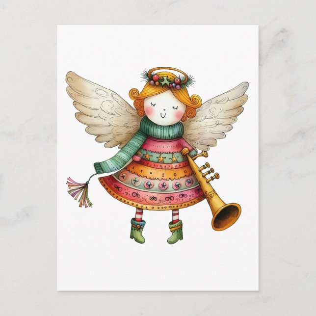 Cute Christmas Folk Art Angel Holiday Postcard (Front)
