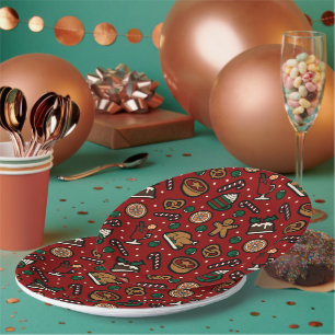Cute Christmas Food Pattern Paper Plates in Red