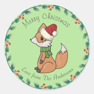 Cute Christmas Fox and Wreath Custom Text Classic Round Sticker